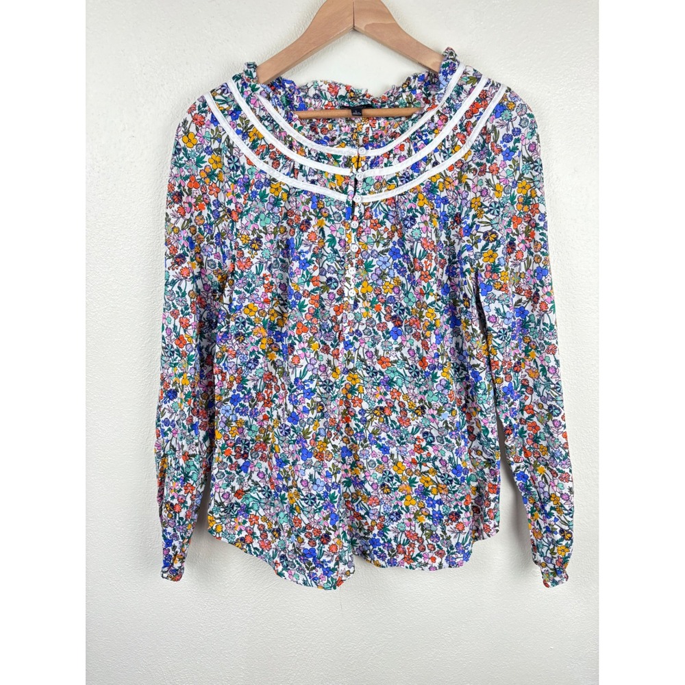 Talbots Floral Blouse Size S 100% Cotton Cottagecore Ruffle Neck Long Sleeve